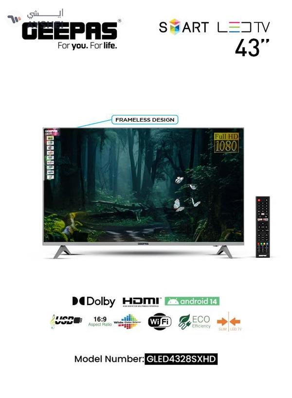 GEEPAS 43" Frameless HD Smart LED TV With Remote Control