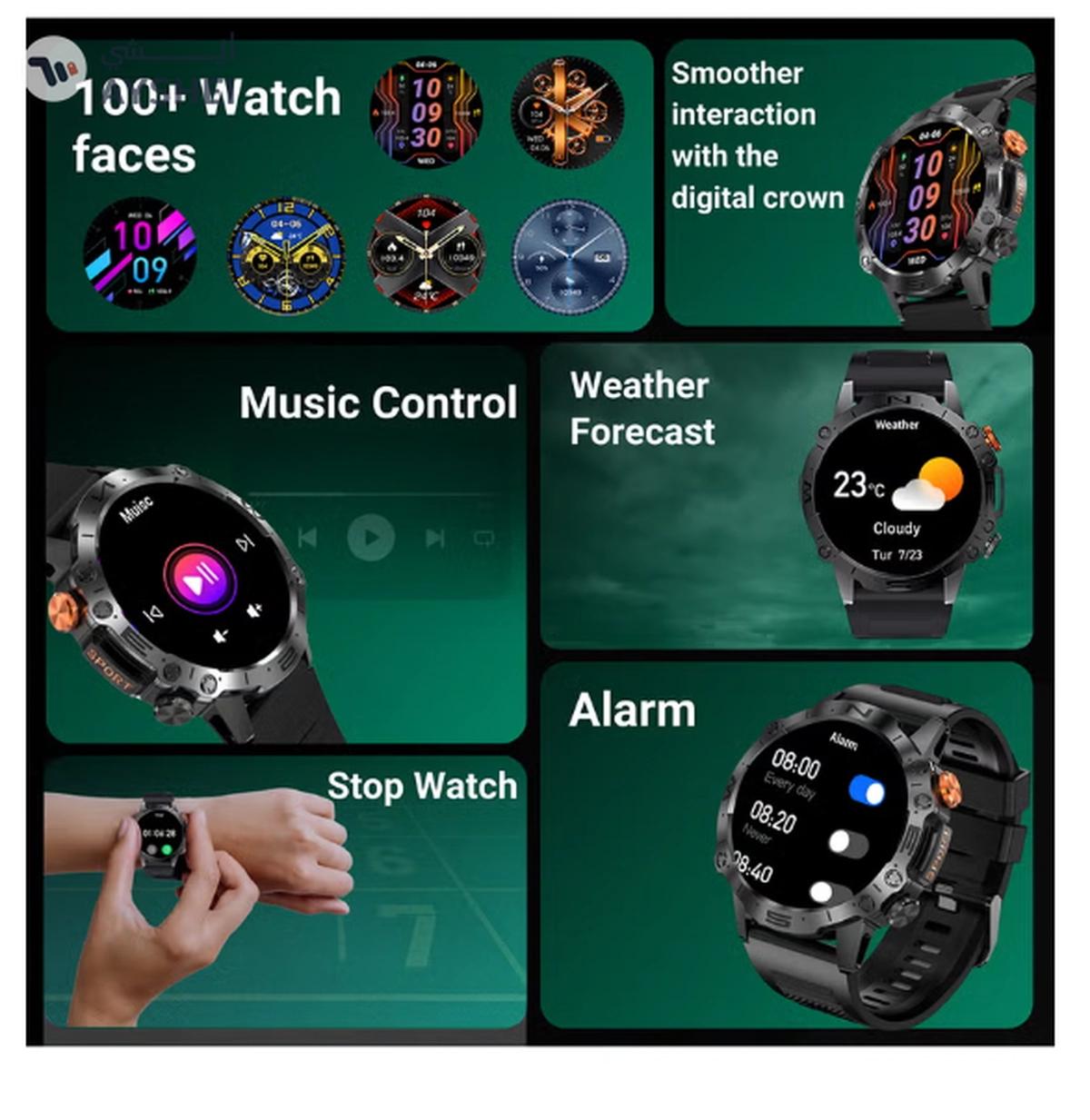 Armfit Dome Smartwatch For Men, AMOLED Always On Display Bluetooth Calling Waterproof Fitness Watches Compatible With Android iOS Black-2-2