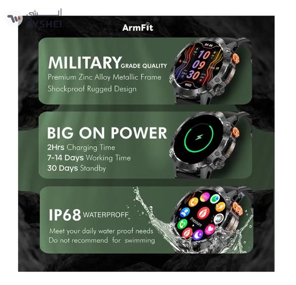 Armfit Dome Smartwatch For Men, AMOLED Always On Display Bluetooth Calling Waterproof Fitness Watches Compatible With Android iOS Black
