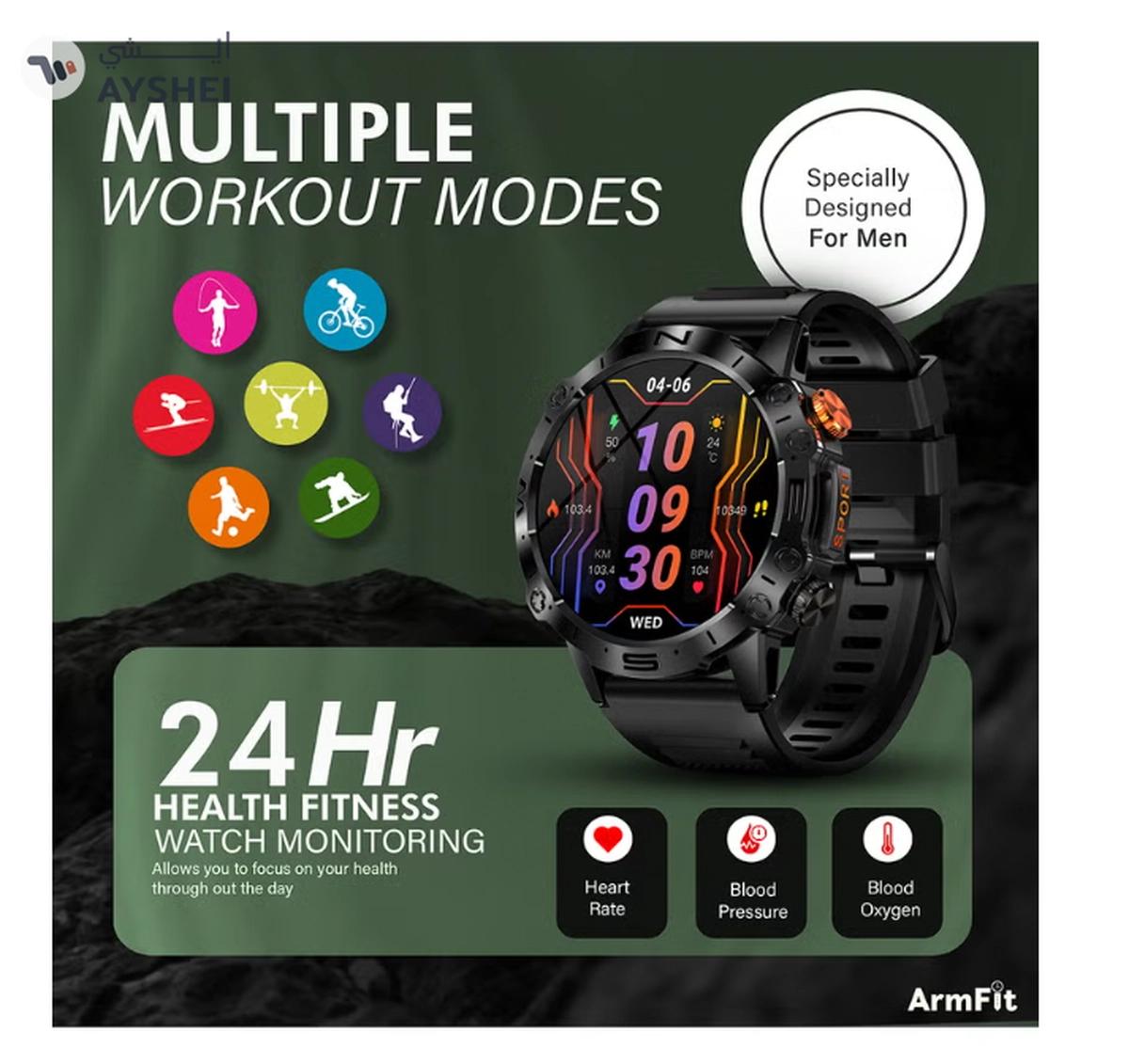 Armfit Dome Smartwatch For Men, AMOLED Always On Display Bluetooth Calling Waterproof Fitness Watches Compatible With Android iOS Black-7-7