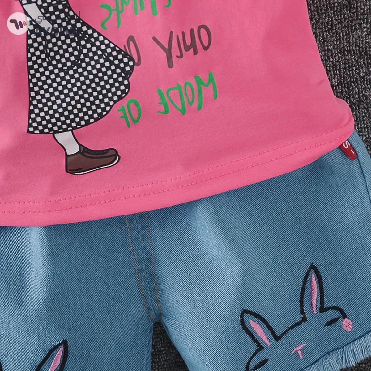 Babyqlo Girl Printed Tee with Blue denim Shorts set for Girls-2-2