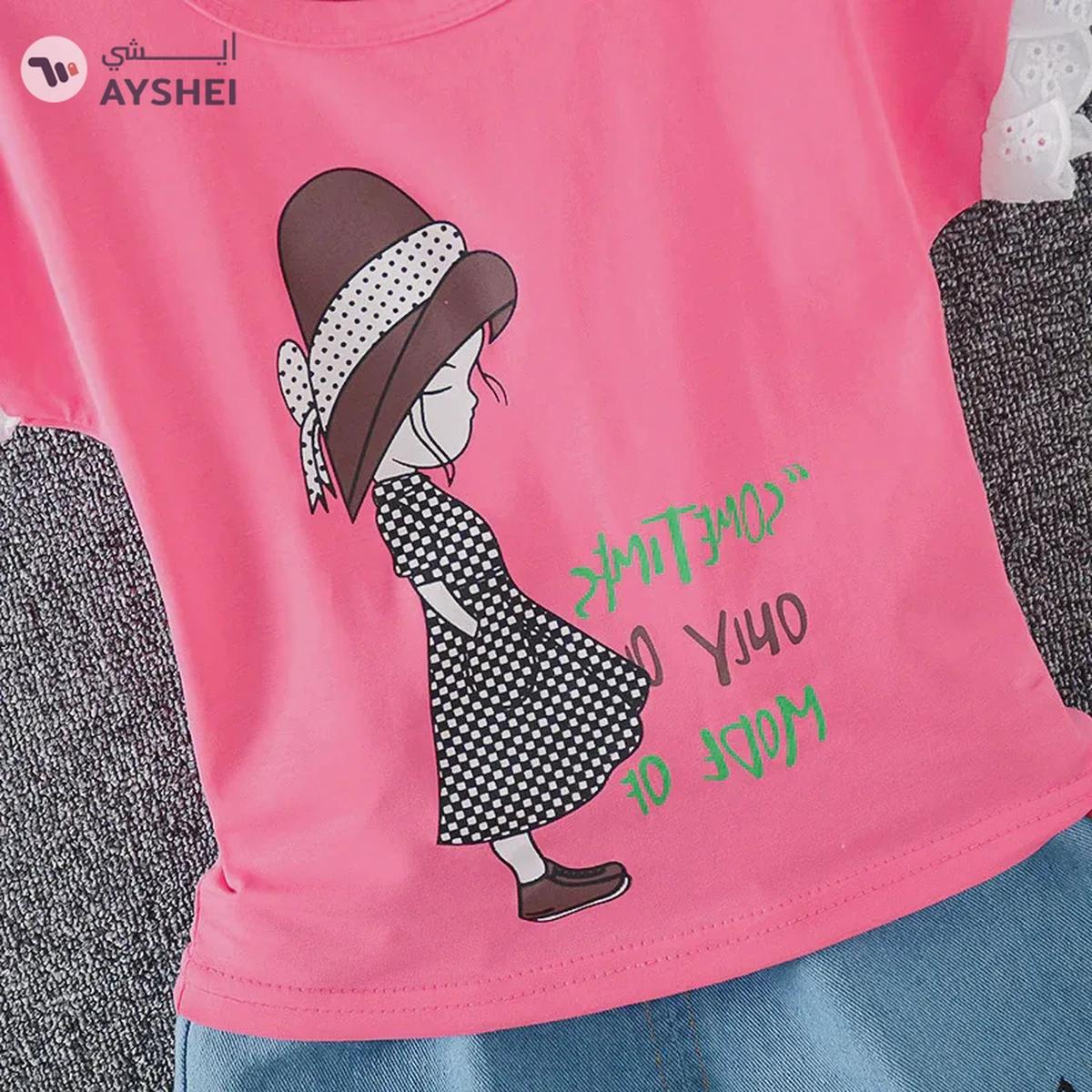 Babyqlo Girl Printed Tee with Blue denim Shorts set for Girls-3-3