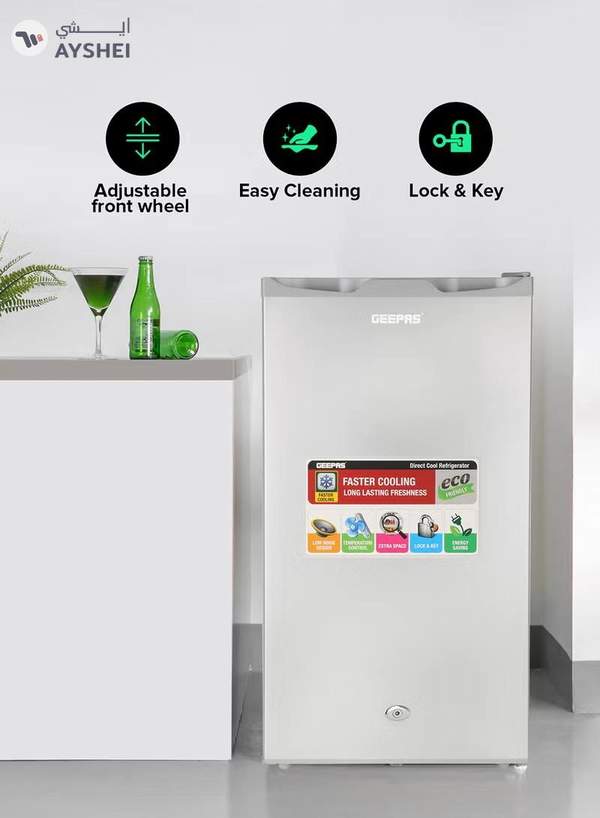 GEEPAS Defrost Mini Fridge 110L Capacity With Lamp, Door Lock & Key | Low Noise Design, Compact, Powerful Compressor, Energy Saving, Faster Cooling, Adjustable Thermostat GRF115SPEH Silver
