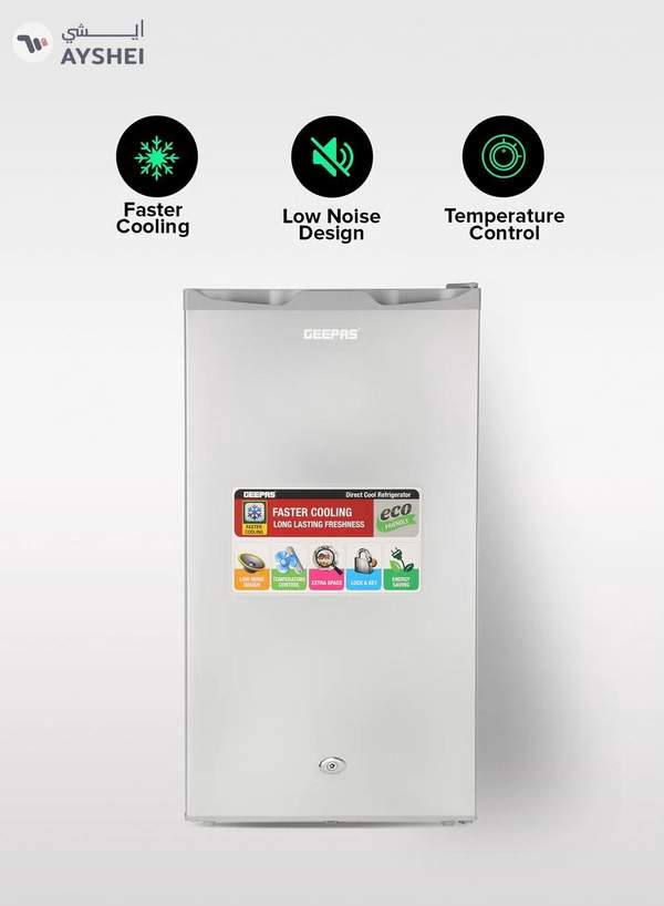 GEEPAS Defrost Mini Fridge 110L Capacity With Lamp, Door Lock & Key | Low Noise Design, Compact, Powerful Compressor, Energy Saving, Faster Cooling, Adjustable Thermostat GRF115SPEH Silver