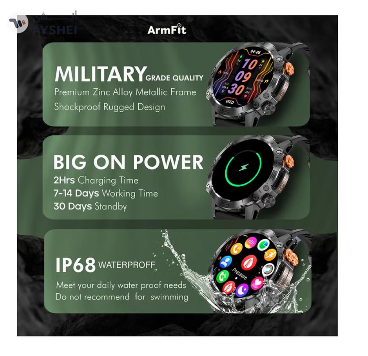 Armfit Dome Smartwatch For Men, AMOLED Always On Display Bluetooth Calling Waterproof Fitness Watches Compatible With Android iOS Black-6-6