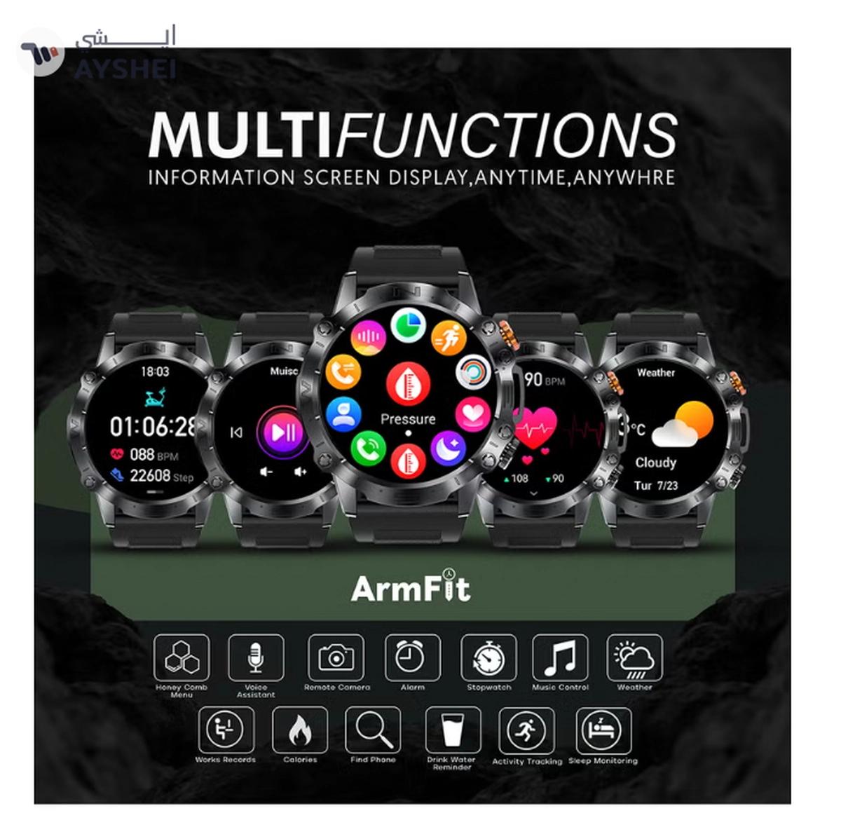 Armfit Dome Smartwatch For Men, AMOLED Always On Display Bluetooth Calling Waterproof Fitness Watches Compatible With Android iOS Black-5-5