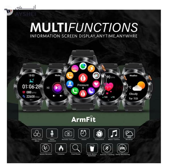 Armfit Dome Smartwatch For Men, AMOLED Always On Display Bluetooth Calling Waterproof Fitness Watches Compatible With Android iOS Black
