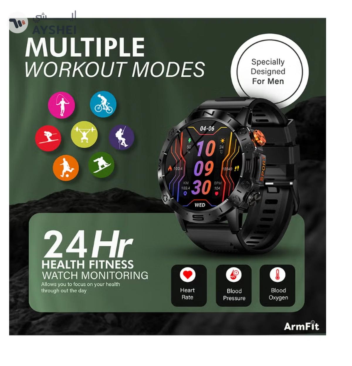 Armfit Dome Smartwatch For Men, AMOLED Always On Display Bluetooth Calling Waterproof Fitness Watches Compatible With Android iOS Black-7-7