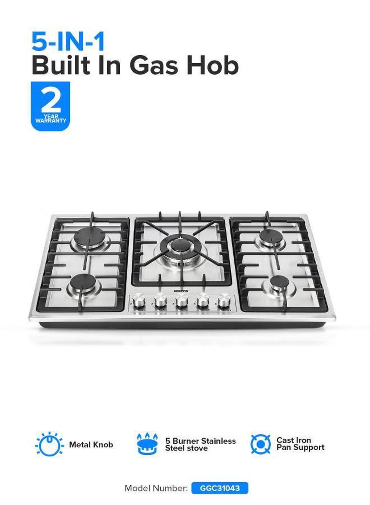 Geepas 5-In-1 Built In Gas Hob-| Five Burner Gas Stove with Separate Ignition, Low Gas Consumption and Improved Gas Flow for Efficient Heating| Auto Ignition System GGC31043 Silver/Black-0-portrait