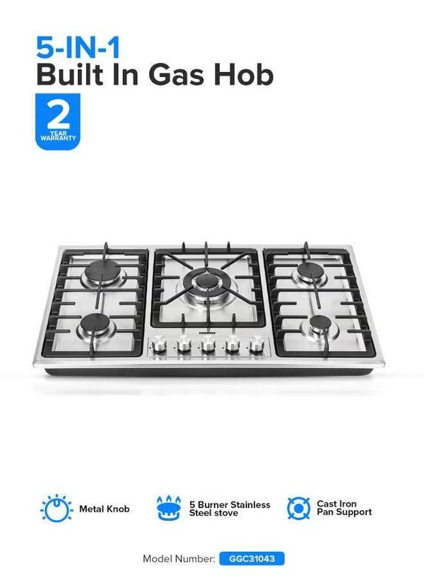 Geepas 5-In-1 Built In Gas Hob-| Five Burner Gas Stove with Separate Ignition, Low Gas Consumption and Improved Gas Flow for Efficient Heating| Auto Ignition System GGC31043 Silver/Black