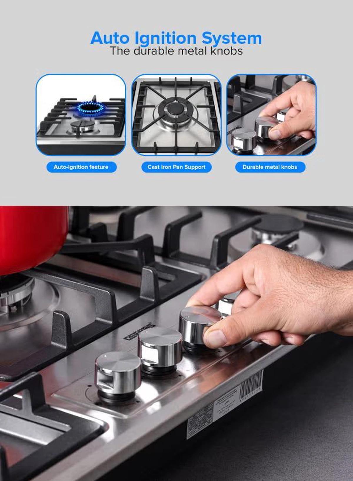 Geepas 5-In-1 Built In Gas Hob-| Five Burner Gas Stove with Separate Ignition, Low Gas Consumption and Improved Gas Flow for Efficient Heating| Auto Ignition System GGC31043 Silver/Black-1-portrait