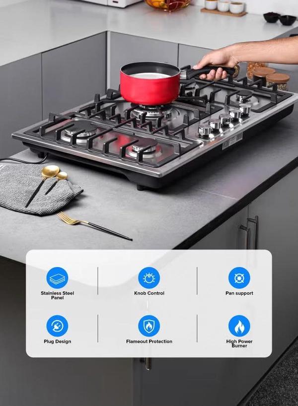Geepas 5-In-1 Built In Gas Hob-| Five Burner Gas Stove with Separate Ignition, Low Gas Consumption and Improved Gas Flow for Efficient Heating| Auto Ignition System GGC31043 Silver/Black
