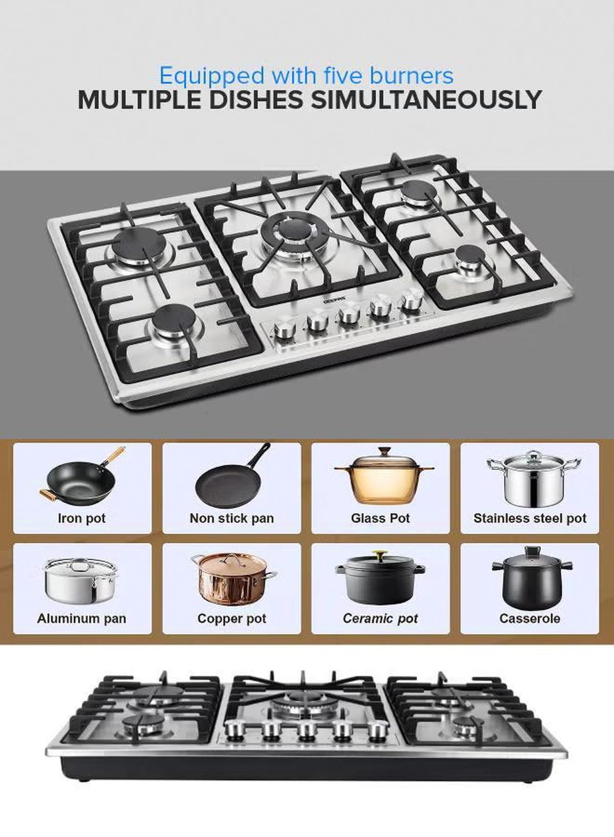 Geepas 5-In-1 Built In Gas Hob-| Five Burner Gas Stove with Separate Ignition, Low Gas Consumption and Improved Gas Flow for Efficient Heating| Auto Ignition System GGC31043 Silver/Black-5-5