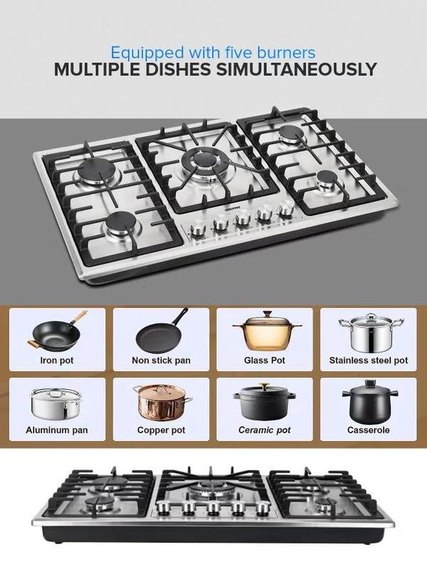 Geepas 5-In-1 Built In Gas Hob-| Five Burner Gas Stove with Separate Ignition, Low Gas Consumption and Improved Gas Flow for Efficient Heating| Auto Ignition System GGC31043 Silver/Black