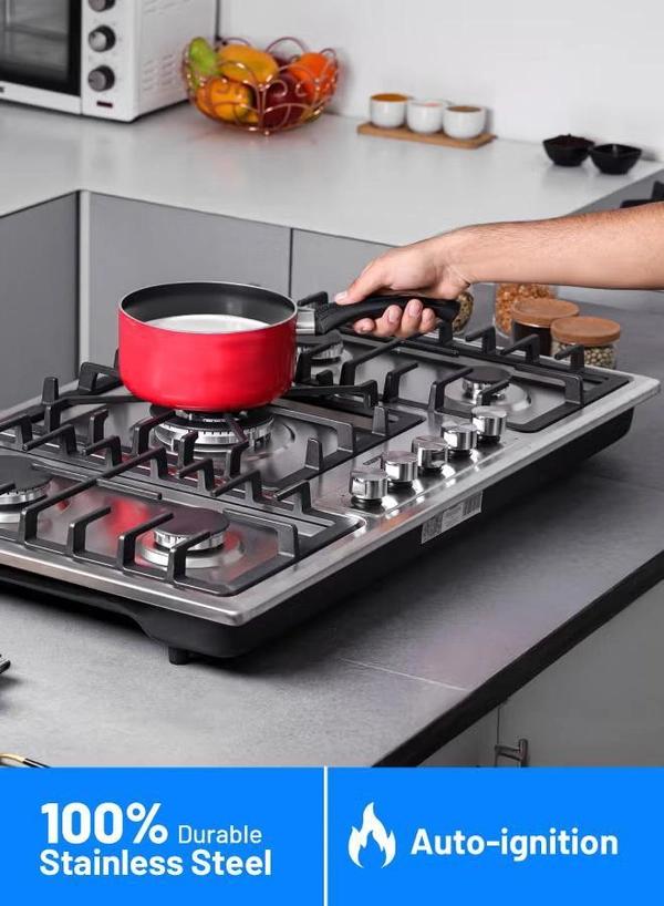 Geepas 5-In-1 Built In Gas Hob-| Five Burner Gas Stove with Separate Ignition, Low Gas Consumption and Improved Gas Flow for Efficient Heating| Auto Ignition System GGC31043 Silver/Black