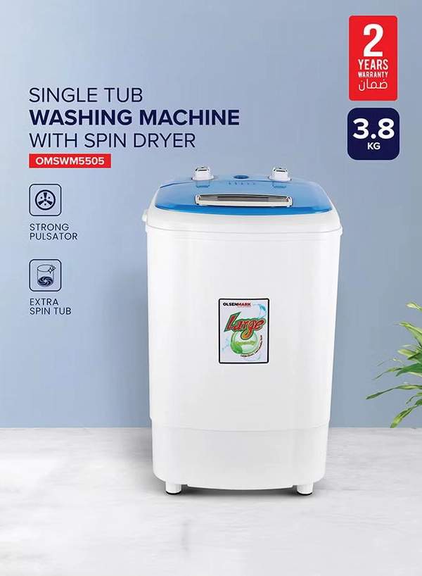 Olsenmark Semi Automatic Washing Machine with Spin Dryer, 3.8 KG, Equipped with Strong Pulsator and Extra Spinning Tub, Less Water and Noise, 250 W OMSWM5505 White/Blue