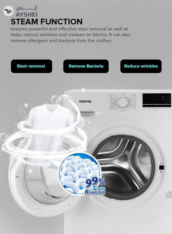 GEEPAS 6 KG Front Load Fully Automatic Smart Washing Machine| With Drum Cleaning Function, Smart Weight Function, Stainless Steel Drum, Steam Function, Quick Wash| Child Lock 6 kg 6 kg GWMF6210LCR White