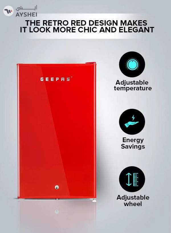 GEEPAS 120L Gross/92L Net Capacity, Single Door Mini Defrost Refrigerator With Retro Premium Design, Bottle Opener, Glass Shelves, Transparent Door Basket, Lock & Key, Low Noise, Low Voltage, Adjustable Front Wheel GRF1202RXE Red