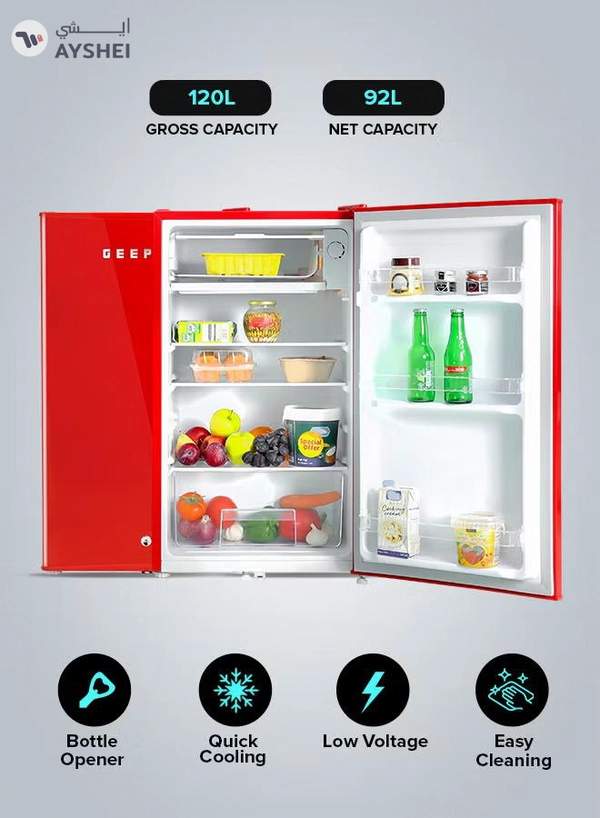 GEEPAS 120L Gross/92L Net Capacity, Single Door Mini Defrost Refrigerator With Retro Premium Design, Bottle Opener, Glass Shelves, Transparent Door Basket, Lock & Key, Low Noise, Low Voltage, Adjustable Front Wheel GRF1202RXE Red