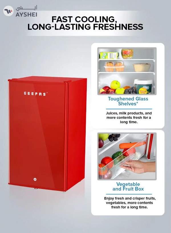 GEEPAS 120L Gross/92L Net Capacity, Single Door Mini Defrost Refrigerator With Retro Premium Design, Bottle Opener, Glass Shelves, Transparent Door Basket, Lock & Key, Low Noise, Low Voltage, Adjustable Front Wheel GRF1202RXE Red