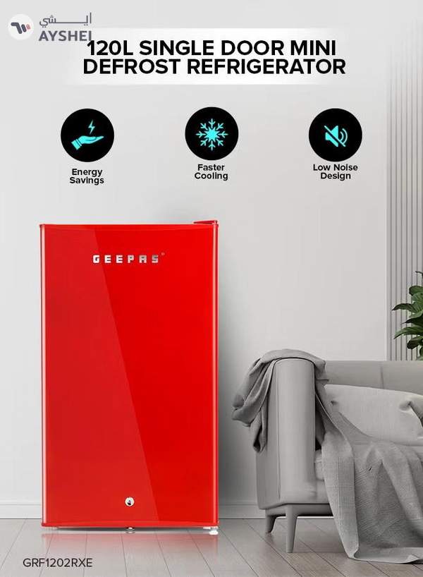 GEEPAS 120L Gross/92L Net Capacity, Single Door Mini Defrost Refrigerator With Retro Premium Design, Bottle Opener, Glass Shelves, Transparent Door Basket, Lock & Key, Low Noise, Low Voltage, Adjustable Front Wheel GRF1202RXE Red