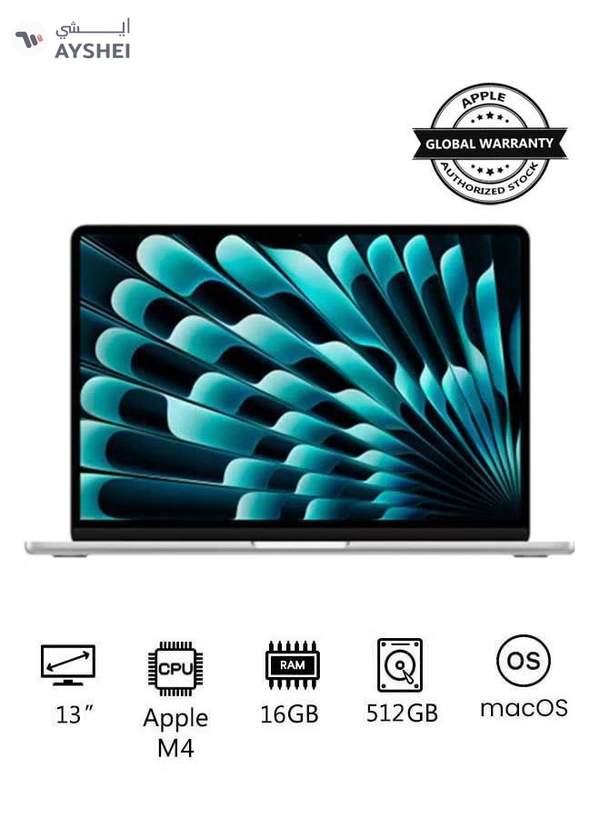Apple New 2025 MacBook Air MW0X3 13-Inch Display, Apple M4 Chip 10-Core CPU 10-Core GPU Processor/16GB RAM/512GB SSD/macOS(International Version) English Silver