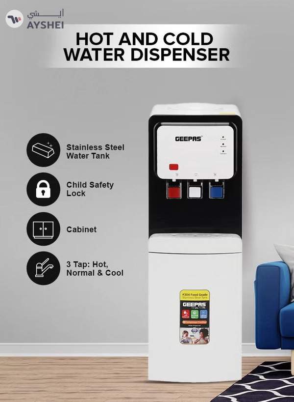 GEEPAS Hot and Cold Top Loded Water Dispenser| Stainless Steel Water Tank with Fast Cooling and 2 Taps, Hot and Cold| Low Noise and Environment Friendly, Perfect for Home, Shopping Malls, and Office GWD17019 white