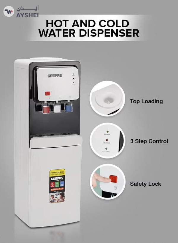 GEEPAS Hot and Cold Top Loded Water Dispenser| Stainless Steel Water Tank with Fast Cooling and 2 Taps, Hot and Cold| Low Noise and Environment Friendly, Perfect for Home, Shopping Malls, and Office GWD17019 white