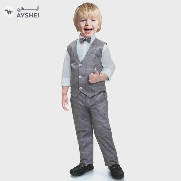 Babyqlo Gentleman 4 piece Kids Boys Tank Shirt checks pattern Pant waist coat with bow tie set