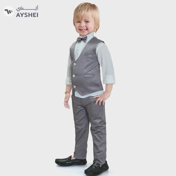Babyqlo Gentleman 4 piece Kids Boys Tank Shirt checks pattern Pant waist coat with bow tie set