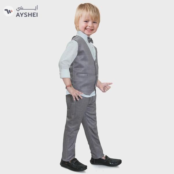 Babyqlo Gentleman 4 piece Kids Boys Tank Shirt checks pattern Pant waist coat with bow tie set