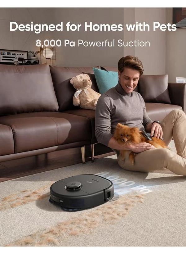 Eufy X10 Pro Omni Robot Vacuum and Mop with 8,000 Pa Suction, Dual Mops with 12 mm Auto-Lift and Carpet Detection, AI Obstacle Avoidance, Auto Mop Washing, Self-Drying, Self-Emptying, Self-Refilling 20 W T2351 black