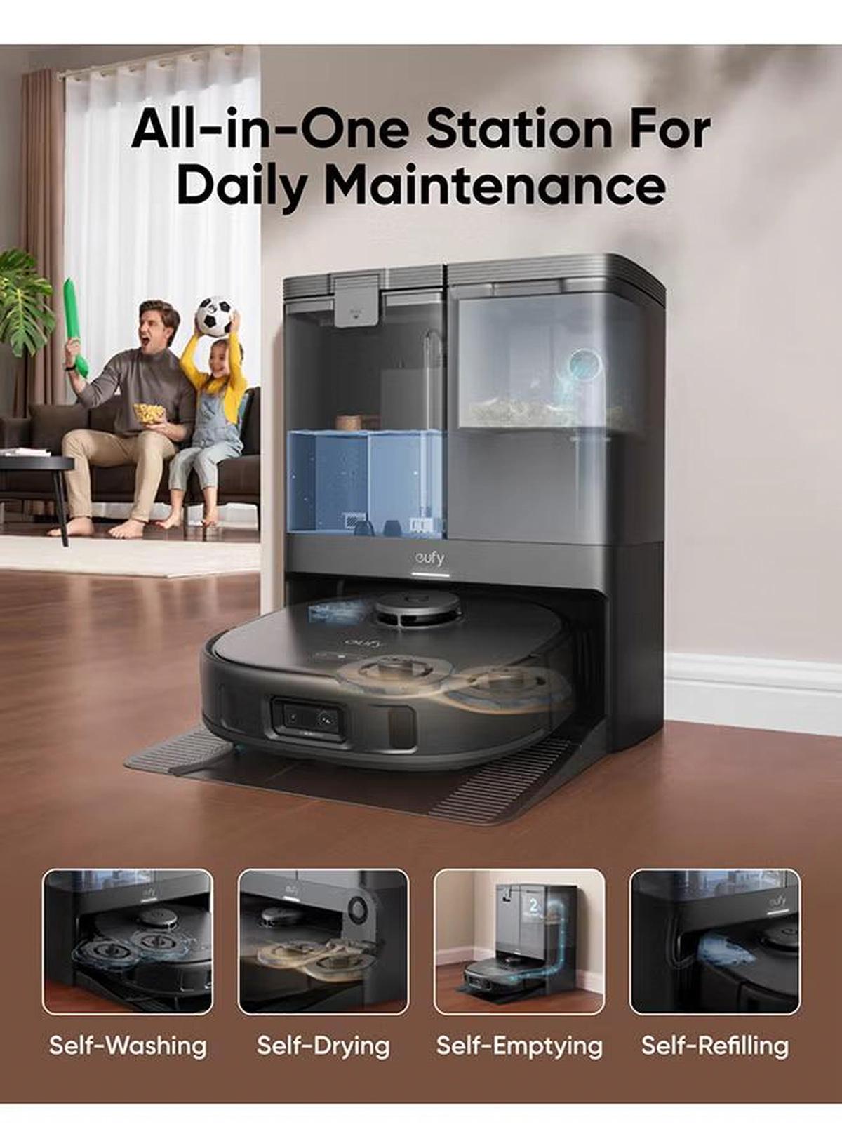 Eufy X10 Pro Omni Robot Vacuum and Mop with 8,000 Pa Suction, Dual Mops with 12 mm Auto-Lift and Carpet Detection, AI Obstacle Avoidance, Auto Mop Washing, Self-Drying, Self-Emptying, Self-Refilling 20 W T2351 black-1-portrait