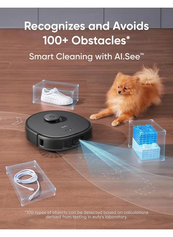 Eufy X10 Pro Omni Robot Vacuum and Mop with 8,000 Pa Suction, Dual Mops with 12 mm Auto-Lift and Carpet Detection, AI Obstacle Avoidance, Auto Mop Washing, Self-Drying, Self-Emptying, Self-Refilling 20 W T2351 black