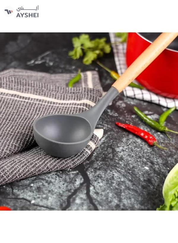 Delcasa DC3169 Silicone Soup Ladle with Wooden Handle, Black/Brown