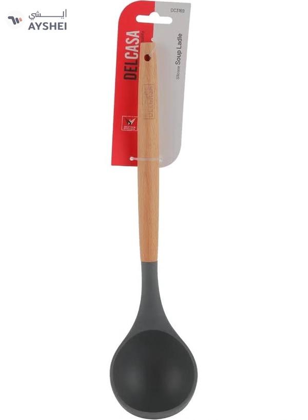 Delcasa DC3169 Silicone Soup Ladle with Wooden Handle, Black/Brown