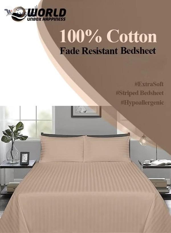Eworld 3 Piece Luxury Cream Striped Bed Sheet Set with 1 Flat Sheet and 2 Pillowcases