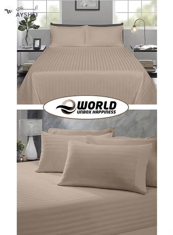 Eworld 3 Piece Luxury Cream Striped Bed Sheet Set with 1 Flat Sheet and 2 Pillowcases