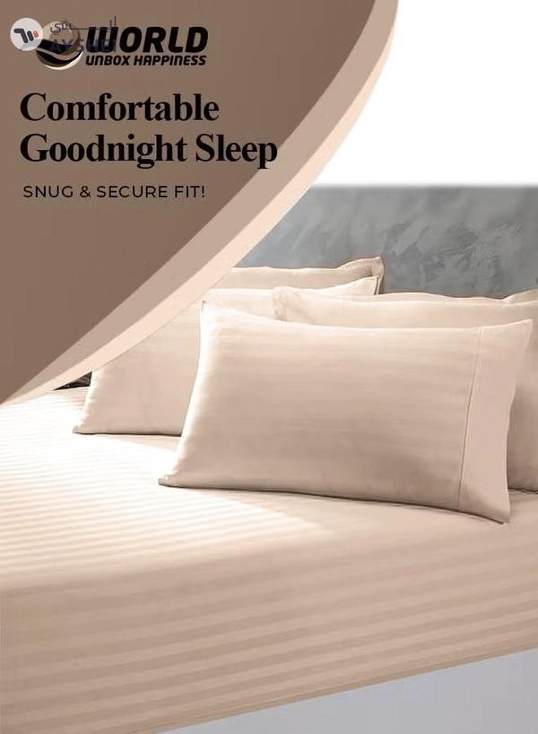 Eworld 3 Piece Luxury Cream Striped Bed Sheet Set with 1 Flat Sheet and 2 Pillowcases