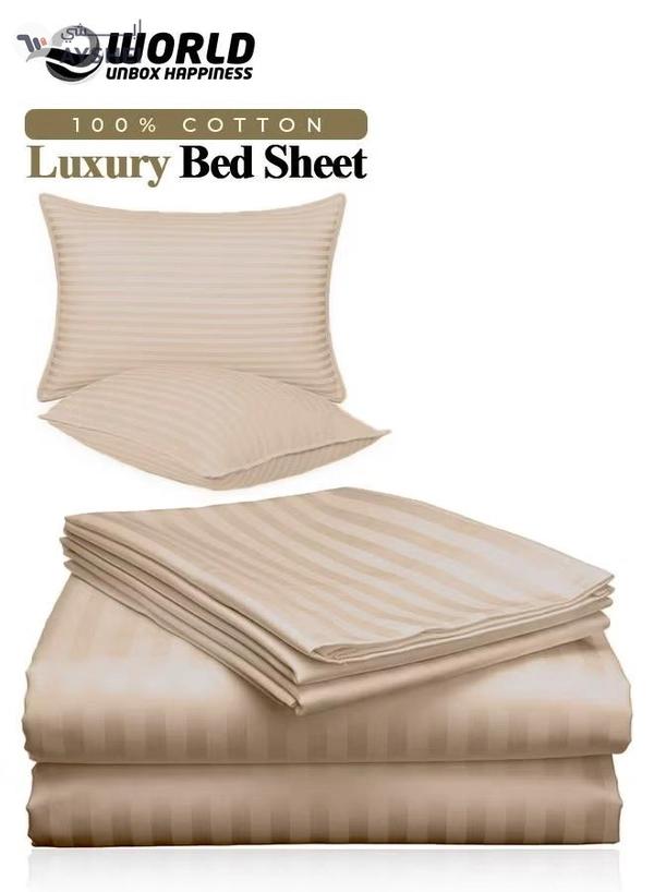 Eworld 3 Piece Luxury Cream Striped Bed Sheet Set with 1 Flat Sheet and 2 Pillowcases