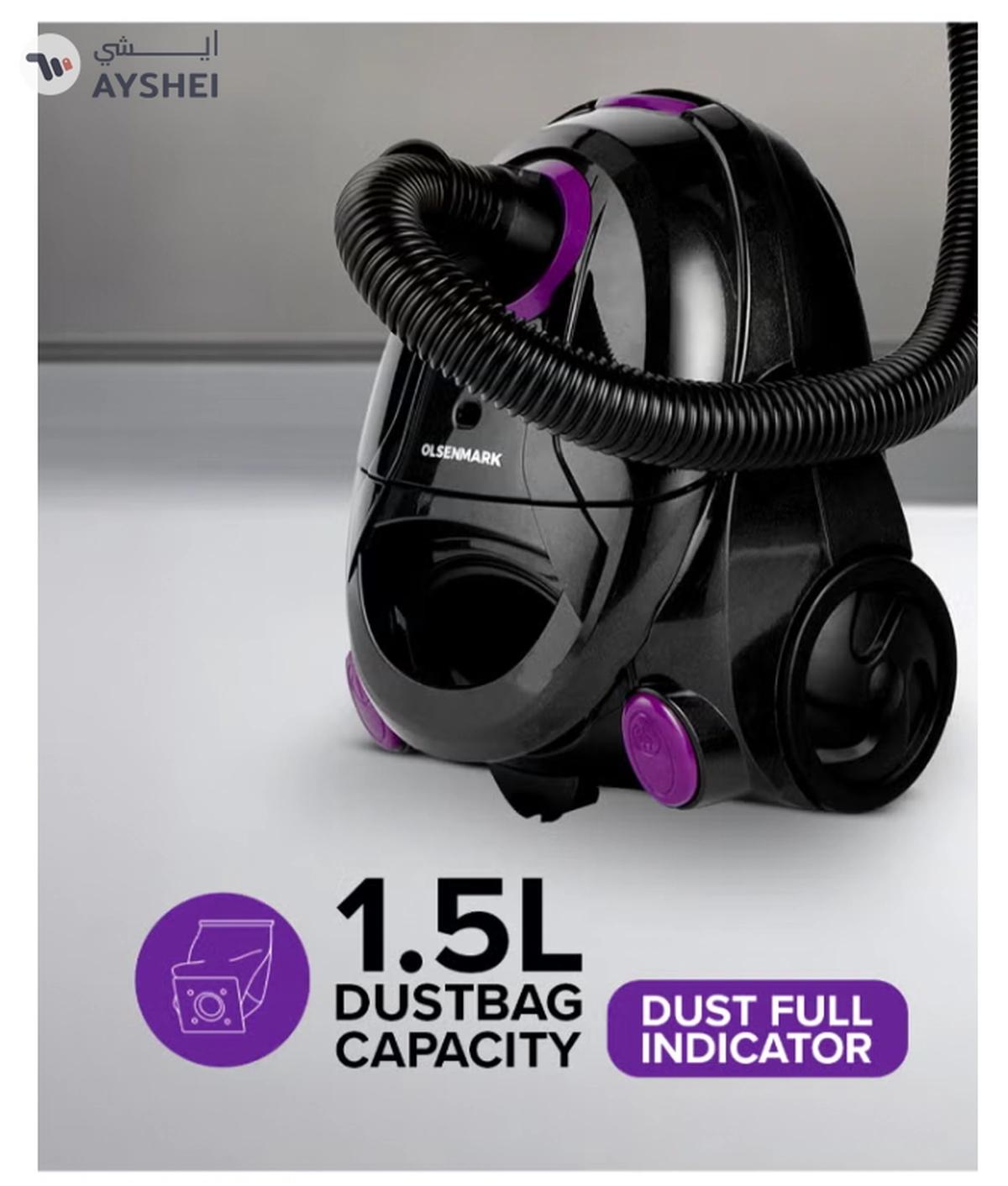 Olsenmark Vacuum Cleaner With Dust Bag 1400W OMVC1782, Powerful Suction, Dust Full Indicator,Dust Bag capacity 1.5L, Flexible Hose With Airflow On Handle, Pedal Switch And Auto-Rewinding Wire 1.5 L 1400 W OMVC1782 Black/Purple-2-2