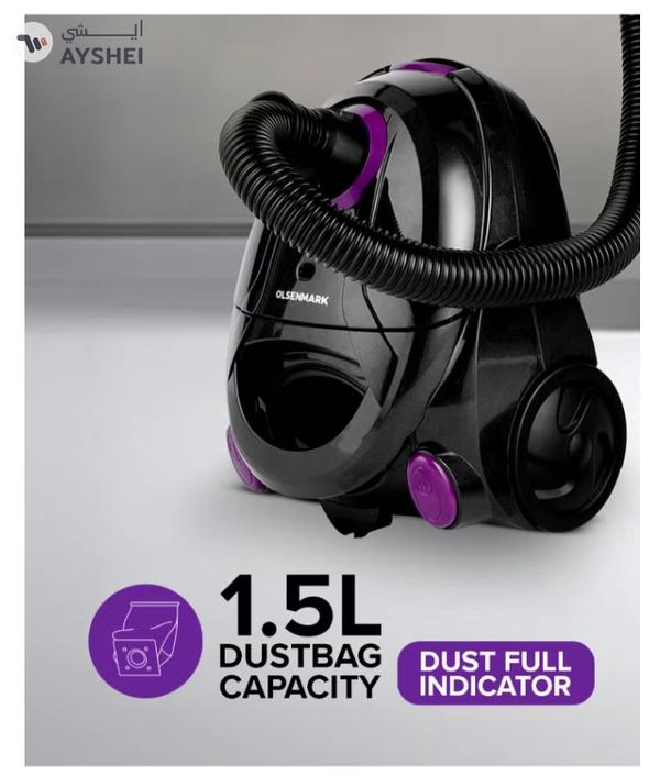 Olsenmark Vacuum Cleaner With Dust Bag 1400W OMVC1782, Powerful Suction, Dust Full Indicator,Dust Bag capacity 1.5L, Flexible Hose With Airflow On Handle, Pedal Switch And Auto-Rewinding Wire 1.5 L 1400 W OMVC1782 Black/Purple