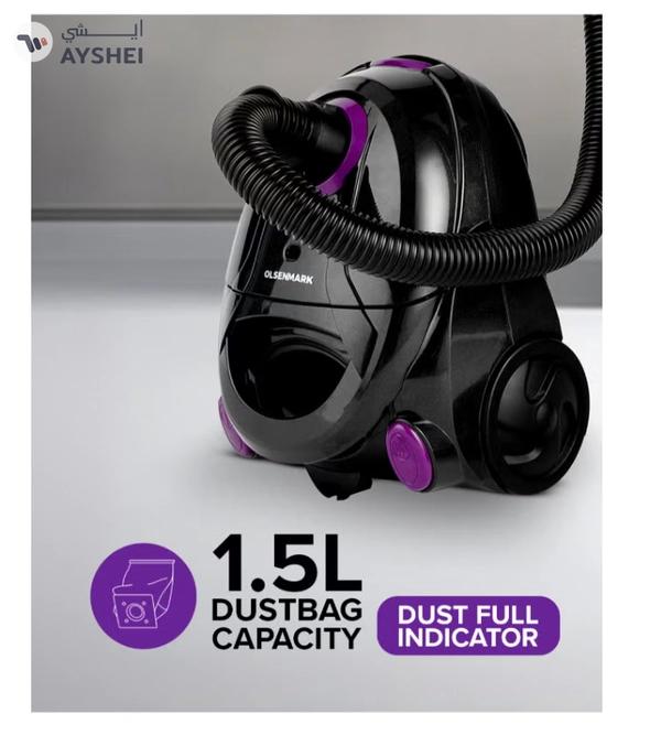 Olsenmark Vacuum Cleaner With Dust Bag 1400W OMVC1782, Powerful Suction, Dust Full Indicator,Dust Bag capacity 1.5L, Flexible Hose With Airflow On Handle, Pedal Switch And Auto-Rewinding Wire 1.5 L 1400 W OMVC1782 Black/Purple
