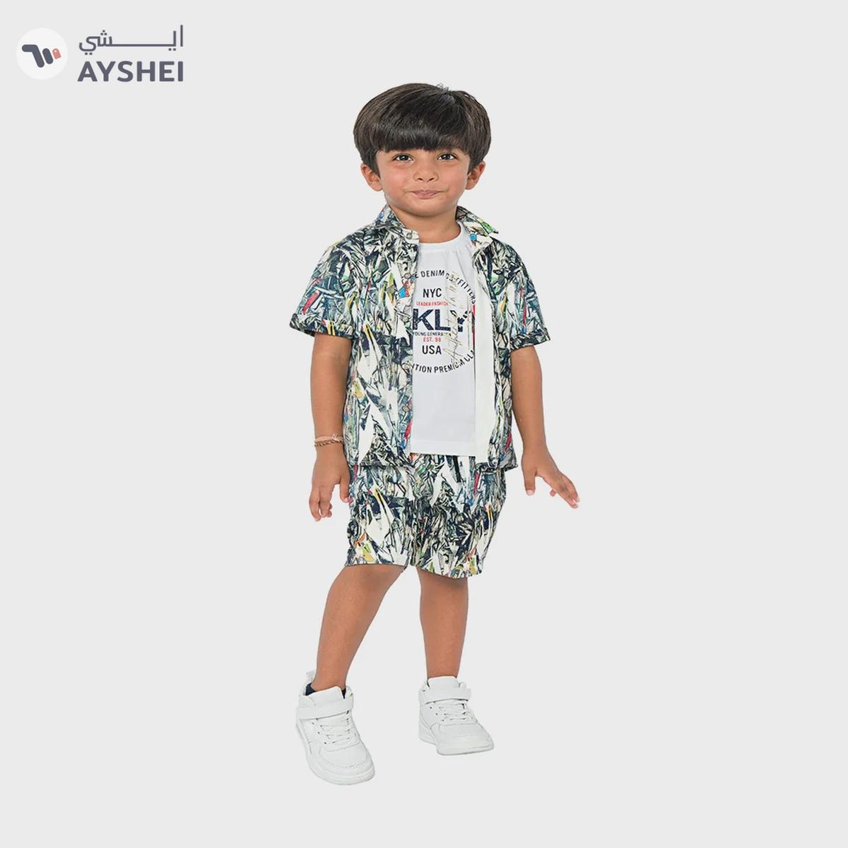 Babyqlo Nature explorer three-piece set for boys - tropical shirt, t-shirt, shorts-0-portrait