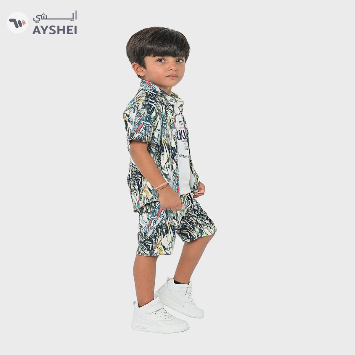 Babyqlo Nature explorer three-piece set for boys - tropical shirt, t-shirt, shorts-1-portrait