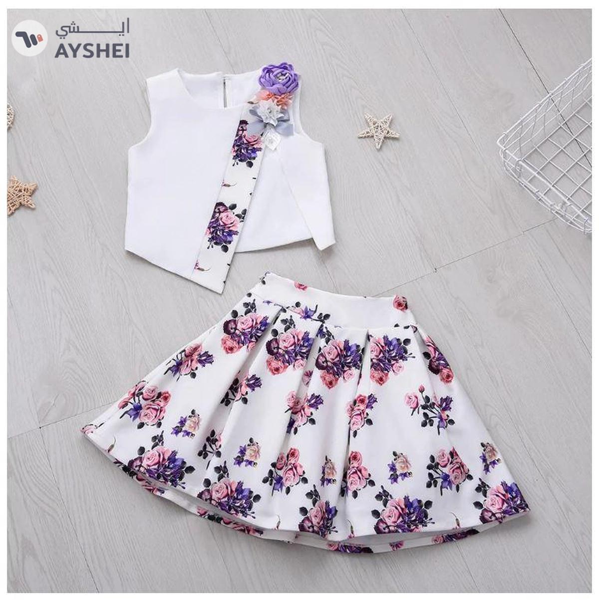 Babyqlo Beautiful Flower Printed Skirt with white top set for little Girls-1-1