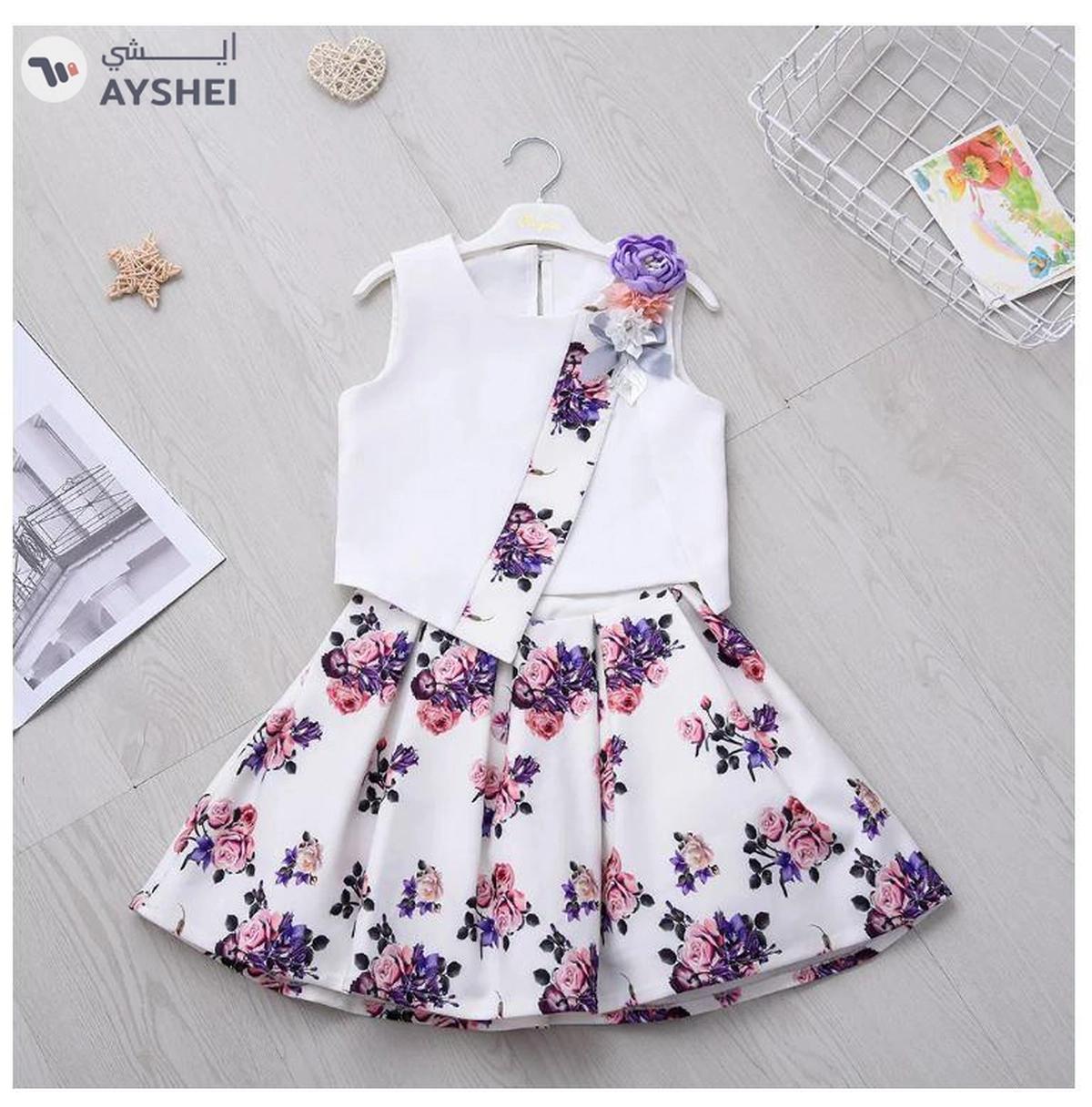 Babyqlo Beautiful Flower Printed Skirt with white top set for little Girls-0-0