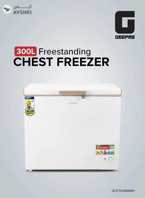 GEEPAS 300L Gross/260L Net Capacity Freestanding Chest Freezer With Compressor Swith Off Function, LED Light, Lock & Key, High-Efficiency Monolithic Foaming, 2 Food Basket, Adjustable Thermostat 350 L 155 W GCF3006WAH White
