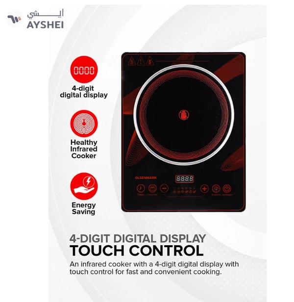 Olsenmark Digital Control Electric Infrared Cooker, Single Cooking Hob, Burner With Adjustable Temperature, Energy Saving/ Touch Control, 20 Settings, Stainless Steel Body and Tempered Glass Panel, 2 Years Warranty 2200 W OMIC2092M Black/Red
