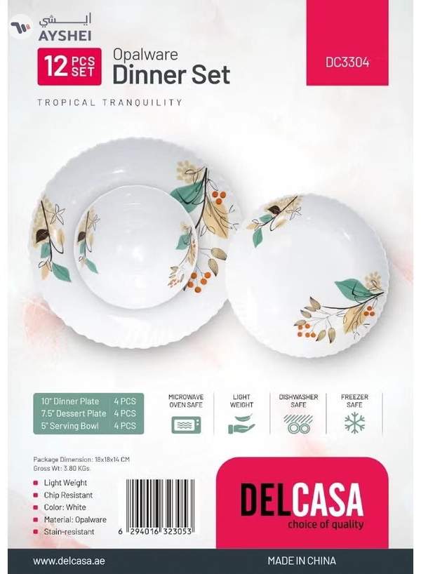 Delcasa DC3304 Tropical Tranquility Opalware Dinner Set 12-Pieces, White